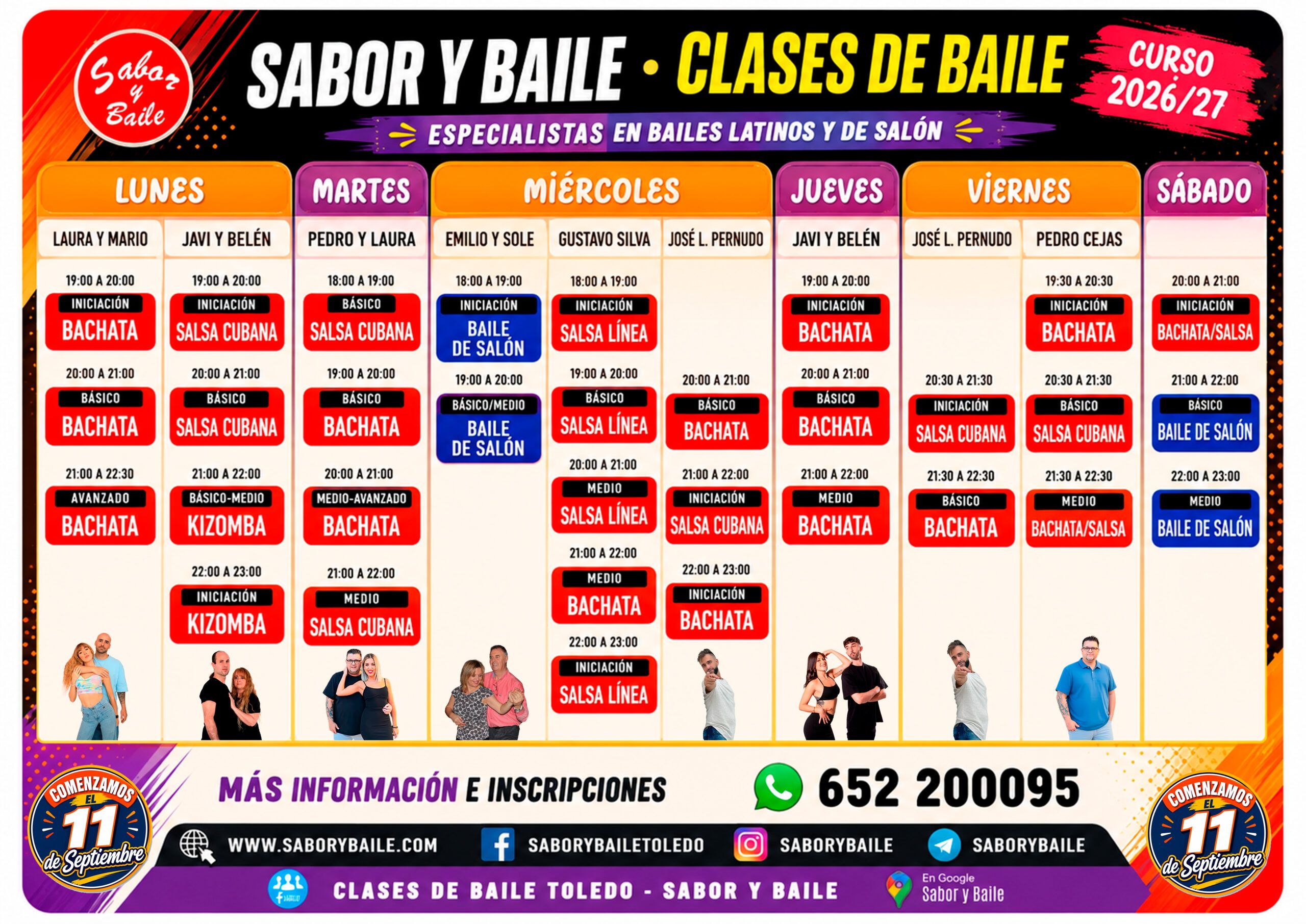 Horario completo de clases de baile en Sabor y Baile Toledo para el curso 2026-2027 con clases de bachata, salsa, kizomba y baile de salón