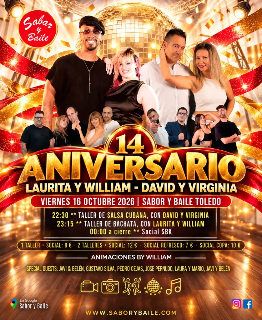 Cartel 14 Aniversario Sabor y Baile Toledo con William y Laurita y David y Virginia el 16 de octubre de 2026