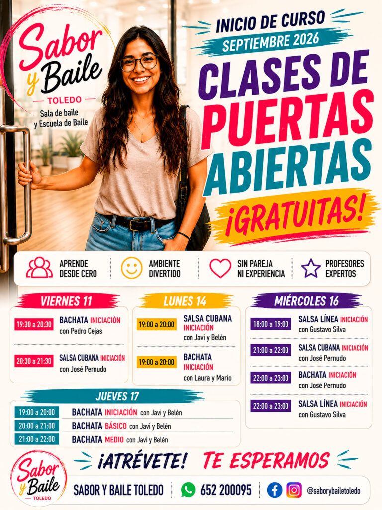 Cartel de clases de puertas abiertas gratuitas de salsa y bachata en Sabor y Baile Toledo