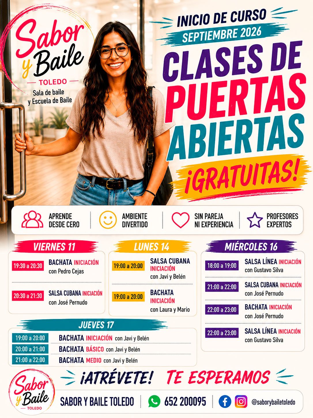 Cartel de clases de puertas abiertas gratuitas de salsa y bachata en Sabor y Baile Toledo