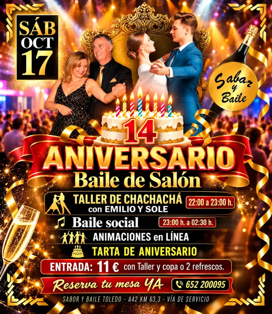 Cartel 14 aniversario baile de salon Toledo sabado 17 octubre 2026 taller chachacha Emilio y Sole baile social