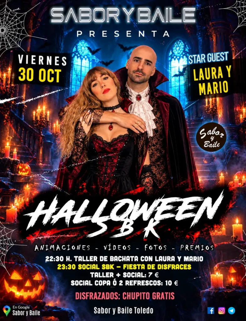 xto alternativo (Alt Text): Cartel Halloween SBK en Sabor y Baile Toledo con Laura y Mario - Taller de bachata y fiesta de disfraces viernes 30 octubre