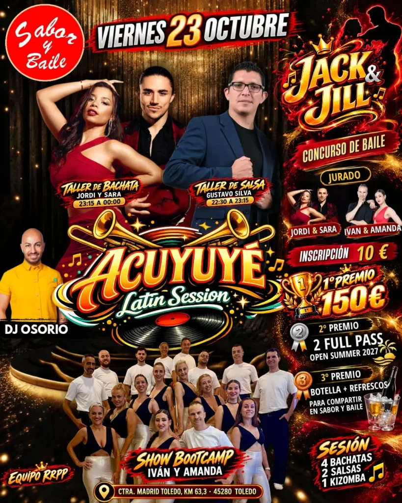 Cartel Acuyuye Latin Session Toledo viernes 23 octubre 2026 concurso Jack y Jill 150 euros premio talleres Jordi y Sara Gustavo Silva