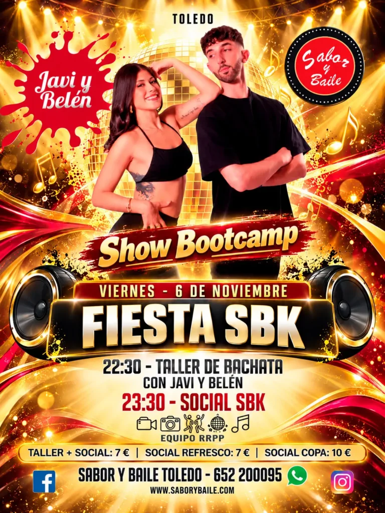 Taller de bachata y show bootcamp con Javi y Belén en Fiesta SBK Sabor y Baile Toledo 6 noviembre